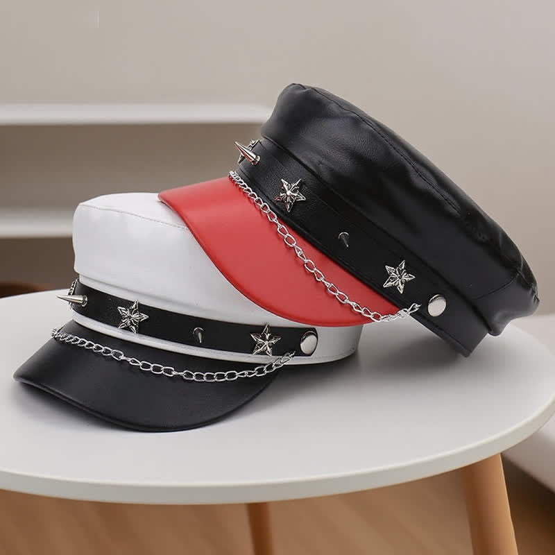 Two-Tone Star Studs Leather Beret Hat With Chain - image 6