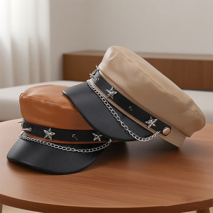 Two-Tone Star Studs Leather Beret Hat With Chain - image 1