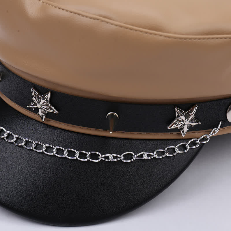 Two-Tone Star Studs Leather Beret Hat With Chain - image 2