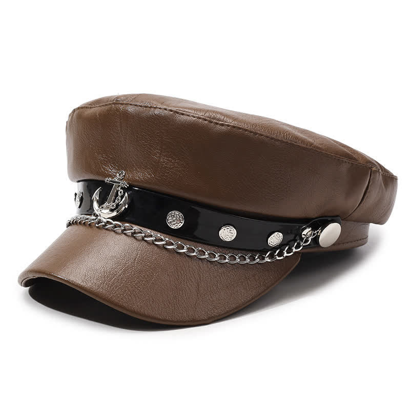 Military-Style Anchor Studded Leather Beret Hat With Chain - Brown - M (22"-22 7/8") - image 0