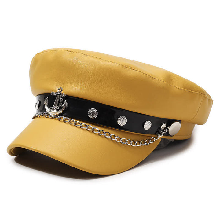 Military-Style Anchor Studded Leather Beret Hat With Chain - Yellow - M (22"-22 7/8") - image 2