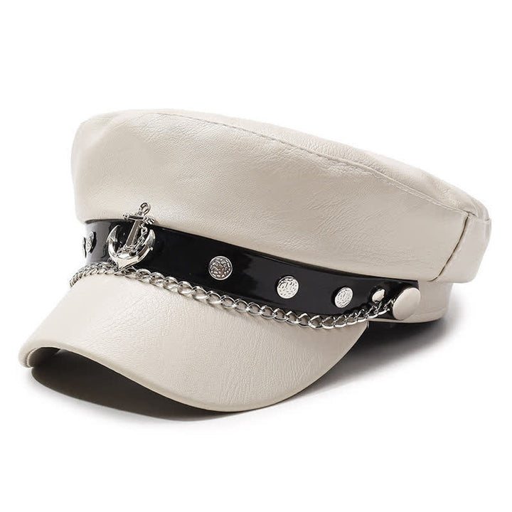 Military-Style Anchor Studded Leather Beret Hat With Chain - White - M (22"-22 7/8") - image 8