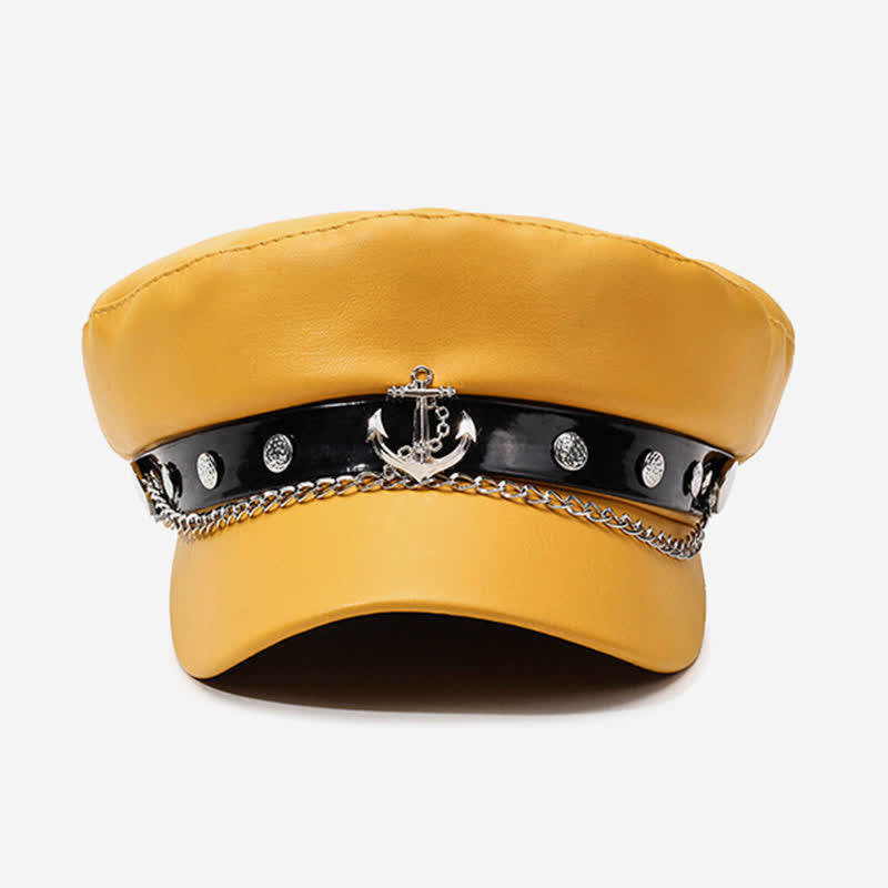 Military-Style Anchor Studded Leather Beret Hat With Chain - image 1