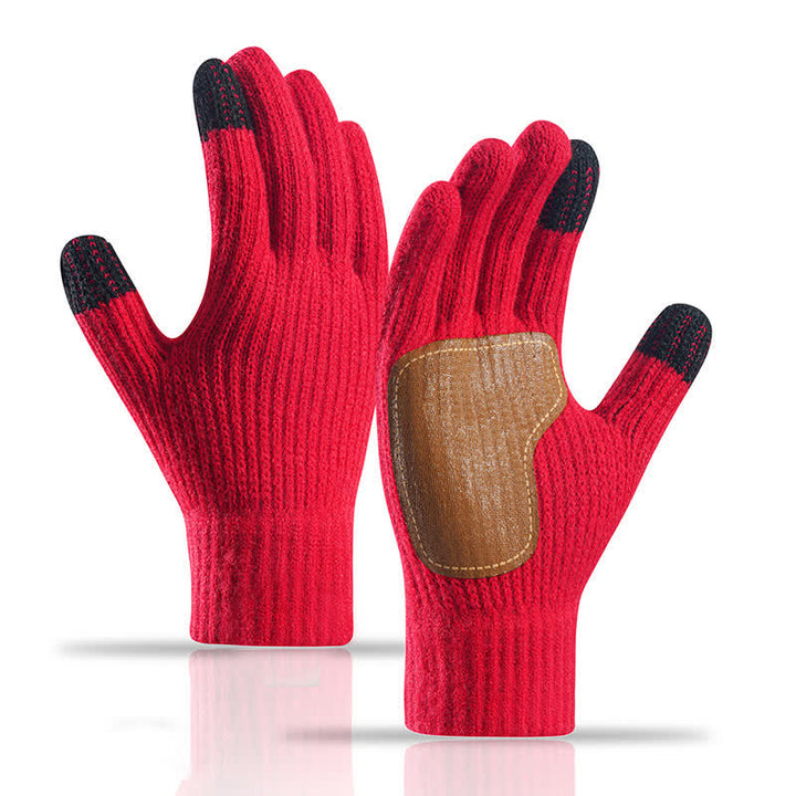 Warm Anti-Slip Leather Palm Patch Knitted Gloves - Red - image 13