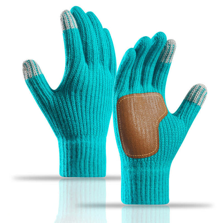 Warm Anti-Slip Leather Palm Patch Knitted Gloves - Lake Blue - image 15