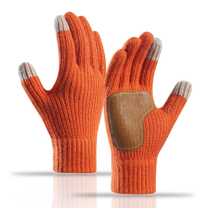 Warm Anti-Slip Leather Palm Patch Knitted Gloves - Orange - image 16