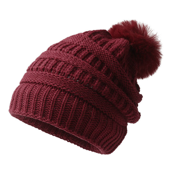 Women's Winter Keep Warm Knitted Beanie Hat With Hairball - Wine - M (22"-22 7/8") - image 5
