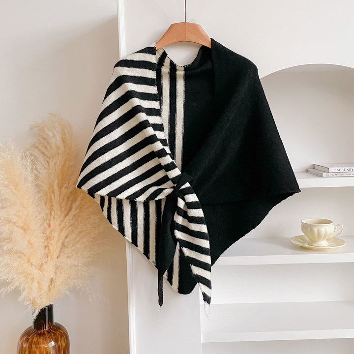 Fashionable Winter Striped Color Blocking Women's Triangle Shawl Scarf - Dark White - image 7