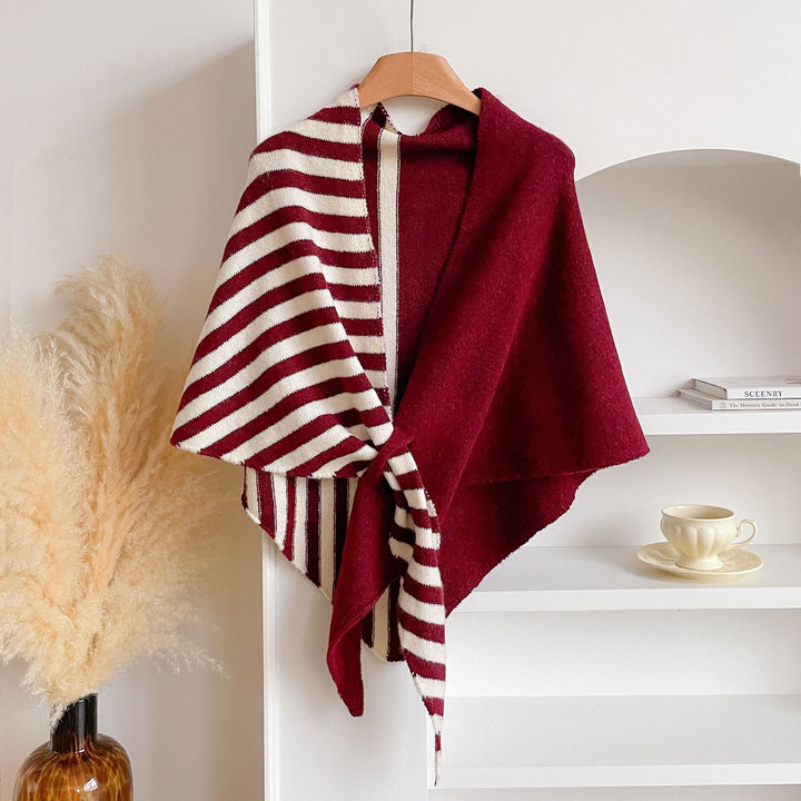 Fashionable Winter Striped Color Blocking Women's Triangle Shawl Scarf - Red - image 0