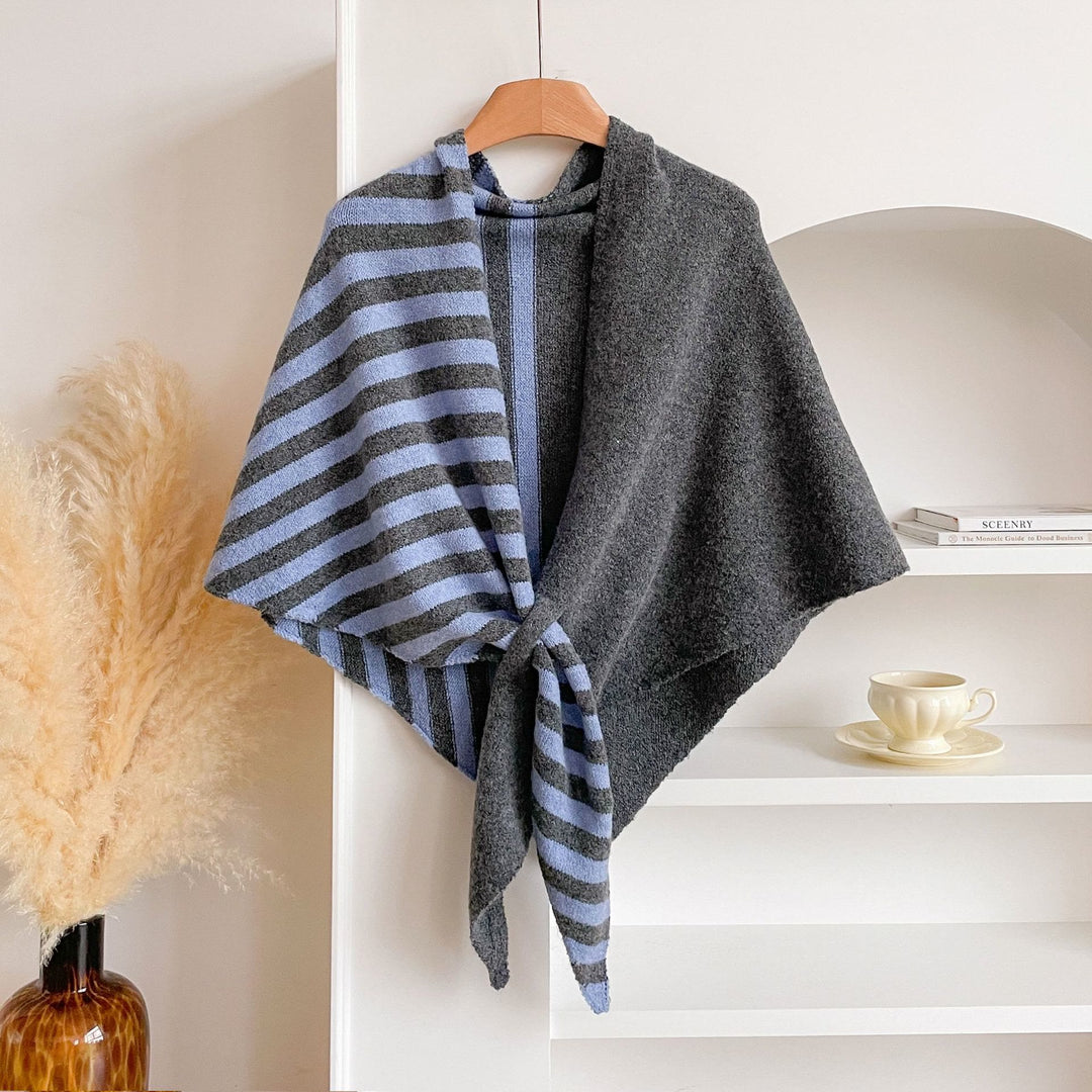 Fashionable Winter Striped Color Blocking Women's Triangle Shawl Scarf - Grey Blue - image 6