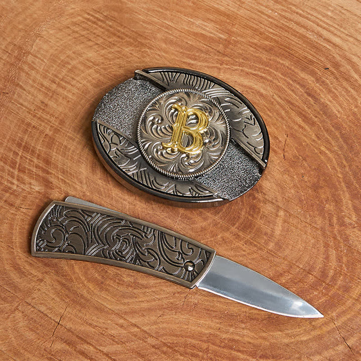 Two-Tone Initial Letter DIY Hidden Knife Buckle Leather Belt - image 1