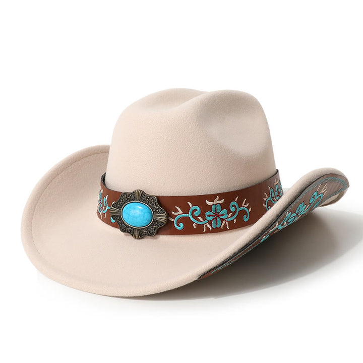 Men's Embroidered Patch Turquoise Cowboy Hat With Brim Belt - Beige - M (22"-22 7/8") - image 1