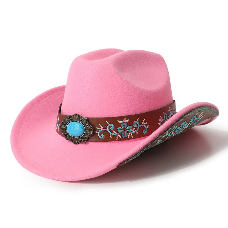 Men's Embroidered Patch Turquoise Cowboy Hat With Brim Belt - Dark Pink - M (22"-22 7/8") - image 5