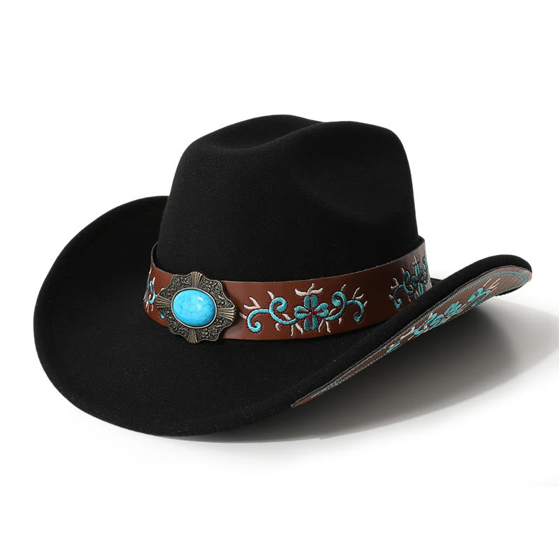 Men's Embroidered Patch Turquoise Cowboy Hat With Brim Belt - Black - M (22"-22 7/8") - image 0