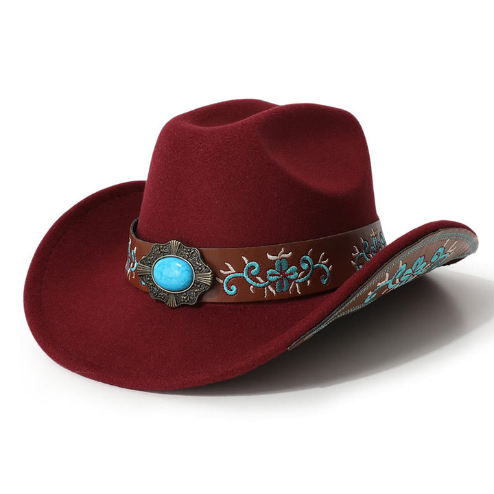 Men's Embroidered Patch Turquoise Cowboy Hat With Brim Belt - Wine - M (22"-22 7/8") - image 4