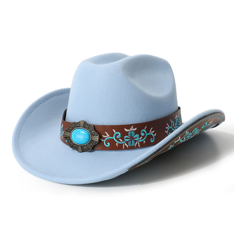 Men's Embroidered Patch Turquoise Cowboy Hat With Brim Belt - Sky Blue - M (22"-22 7/8") - image 7