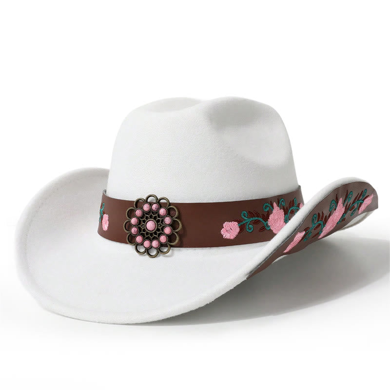 Men's Rose Embroidered Cowboy Hat With Brim Belt - White - M (22"-22 7/8") - image 0