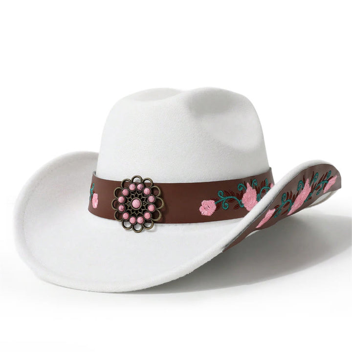 Men's Rose Embroidered Cowboy Hat With Brim Belt - White - M (22"-22 7/8") - image 0