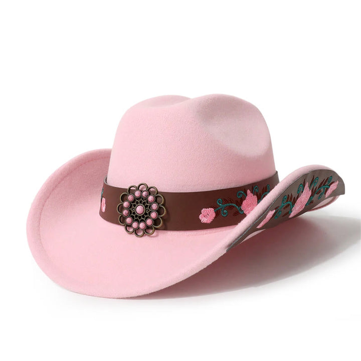 Men's Rose Embroidered Cowboy Hat With Brim Belt - Pink - M (22"-22 7/8") - image 2