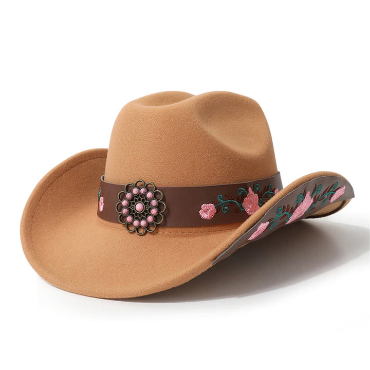 Men's Rose Embroidered Cowboy Hat With Brim Belt - Khaki - M (22"-22 7/8") - image 3