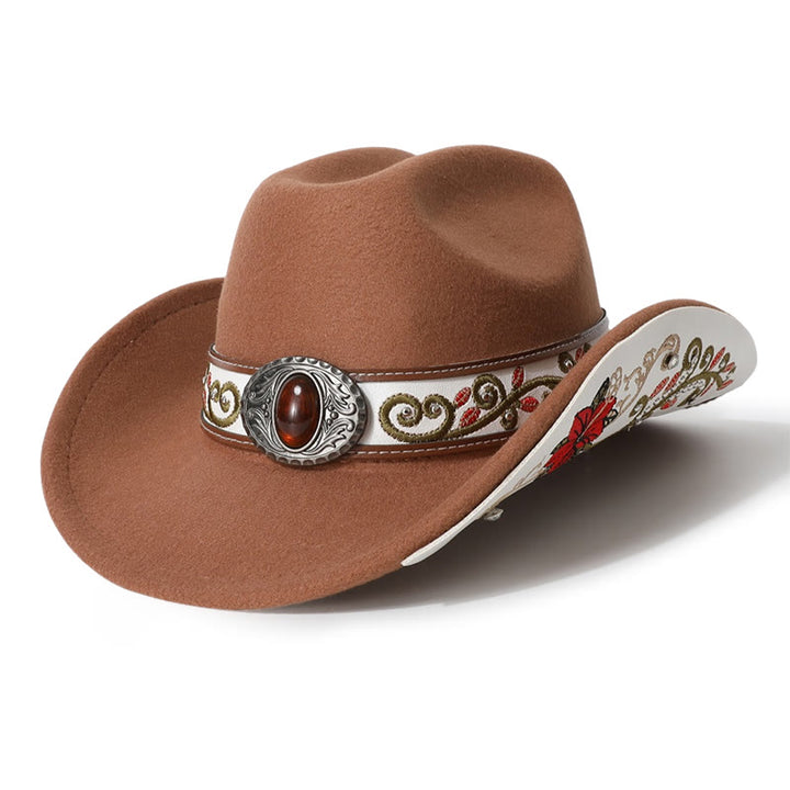  Flower Embroidered Ruby Brim Belt Men's Cowboy Hat - Brown - M (22"-22 7/8") - image 13
