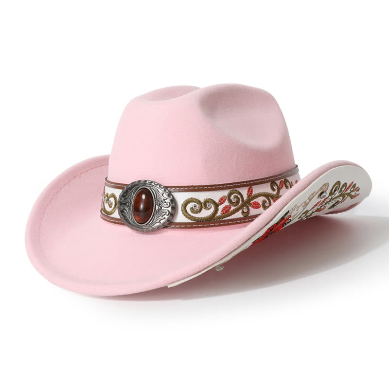  Flower Embroidered Ruby Brim Belt Men's Cowboy Hat - Pink - M (22"-22 7/8") - image 16