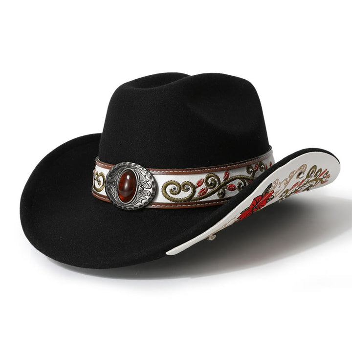  Flower Embroidered Ruby Brim Belt Men's Cowboy Hat - Black - M (22"-22 7/8") - image 17