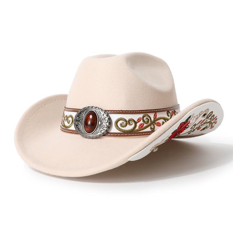  Flower Embroidered Ruby Brim Belt Men's Cowboy Hat - Beige - M (22"-22 7/8") - image 6