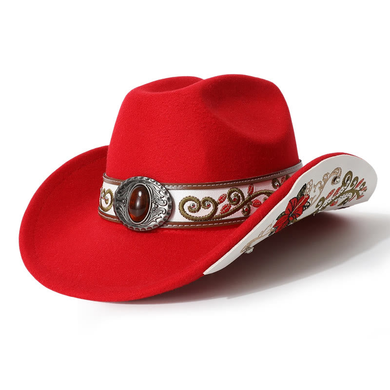  Flower Embroidered Ruby Brim Belt Men's Cowboy Hat - Red - M (22"-22 7/8") - image 9