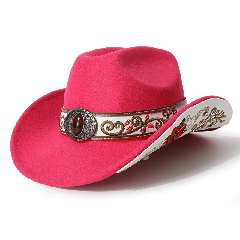  Flower Embroidered Ruby Brim Belt Men's Cowboy Hat - Rose - M (22"-22 7/8") - image 10