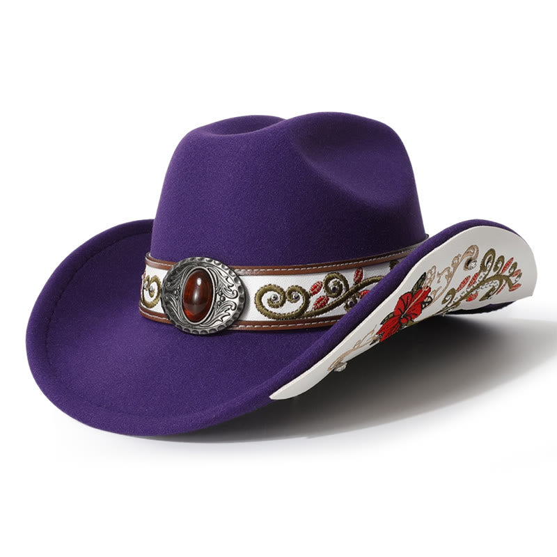  Flower Embroidered Ruby Brim Belt Men's Cowboy Hat - Purple - M (22"-22 7/8") - image 11