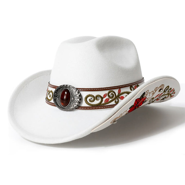  Flower Embroidered Ruby Brim Belt Men's Cowboy Hat - White - M (22"-22 7/8") - image 7