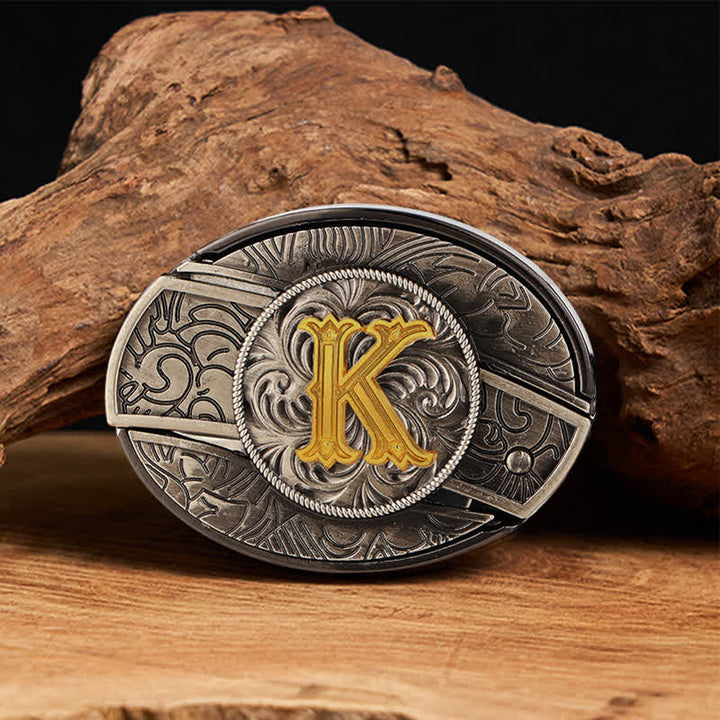 Two-Tone Initial Letter DIY Hidden Knife Buckle Leather Belt - K - Without Belt - image 18