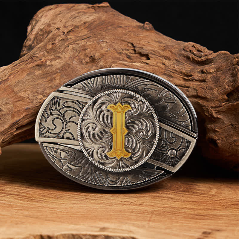 Two-Tone Initial Letter DIY Hidden Knife Buckle Leather Belt - I - Without Belt - image 15