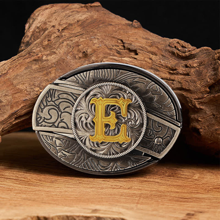 Two-Tone Initial Letter DIY Hidden Knife Buckle Leather Belt - E - Without Belt - image 12