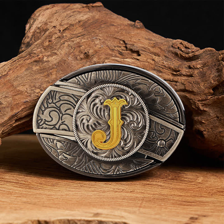 Two-Tone Initial Letter DIY Hidden Knife Buckle Leather Belt - J - Without Belt - image 17