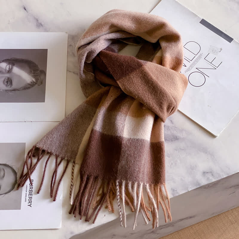 Unisex Check Pattern Warm Wool Scarf With Tassels - #46 - image 50