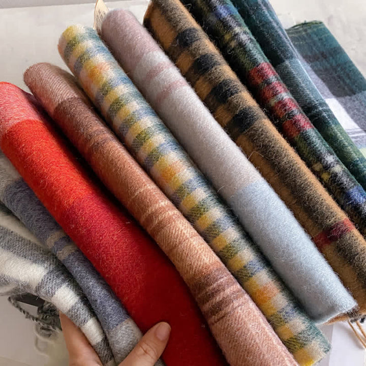 Unisex Check Pattern Warm Wool Scarf With Tassels - image 2