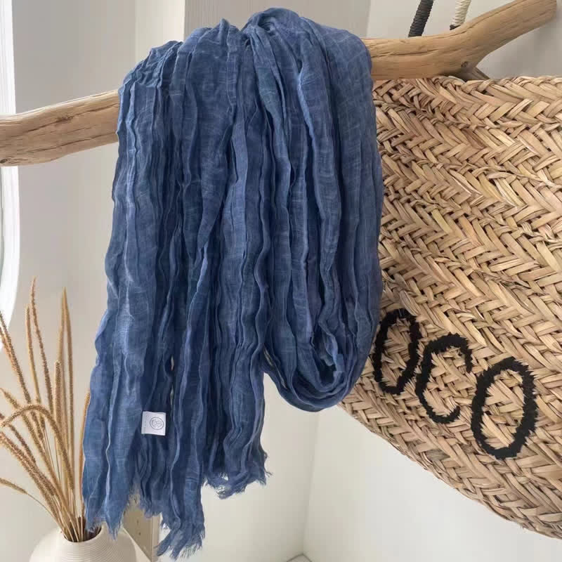 Chic Wrinkles Textured Four Seasons Cotton Linen Scarf - Blue - image 9