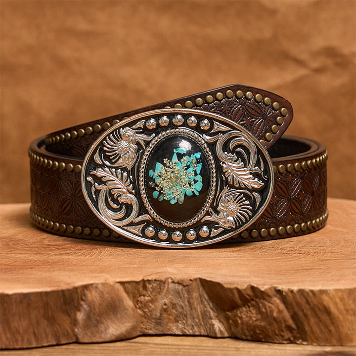 Silver Black Carved Turquoise & Flowers DIY Buckle Leather Belt - Brown Rivet Belt - 42 - image 5