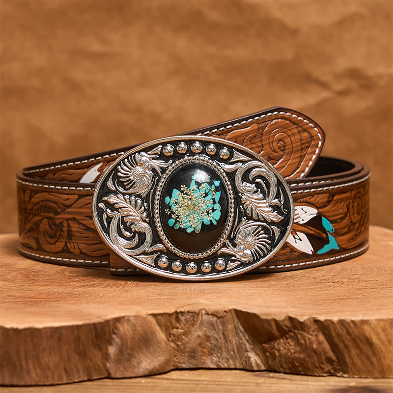 Silver Black Carved Turquoise & Flowers DIY Buckle Leather Belt - Brown Feather Belt - 40 - image 8