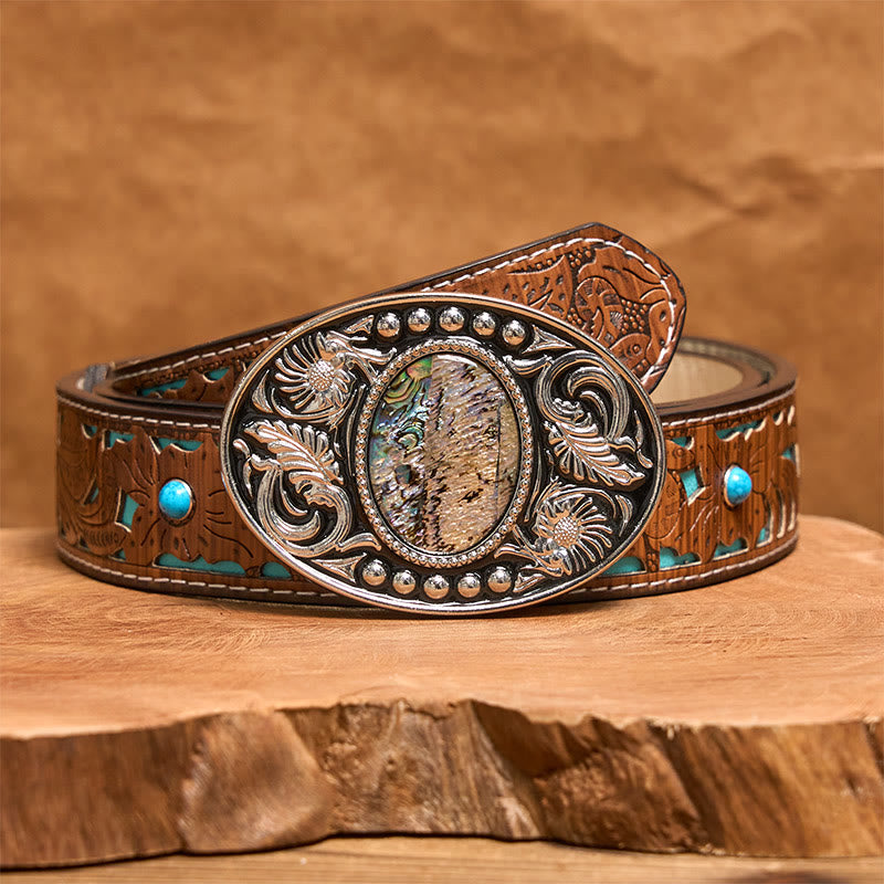 Silver Black Carved Shell DIY Buckle Leather Belt - Turquoise Carved Belt - 42 - image 4