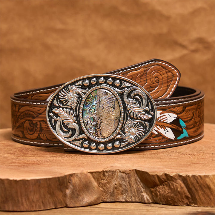 Silver Black Carved Shell DIY Buckle Leather Belt - Brown Feather Belt - 40 - image 8