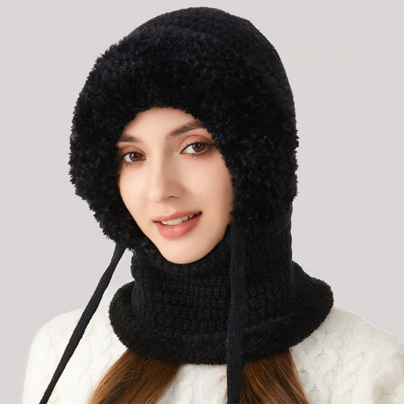 3 In 1 Plush Knitted Beanie Hat With Scarf And Mask - Black - M (22"-22 7/8") - image 8