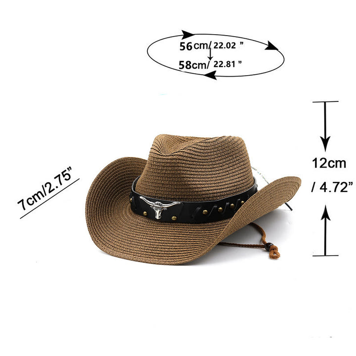 Western Silver Bull Head Black Brim Belt Men's Straw Hat - image 5