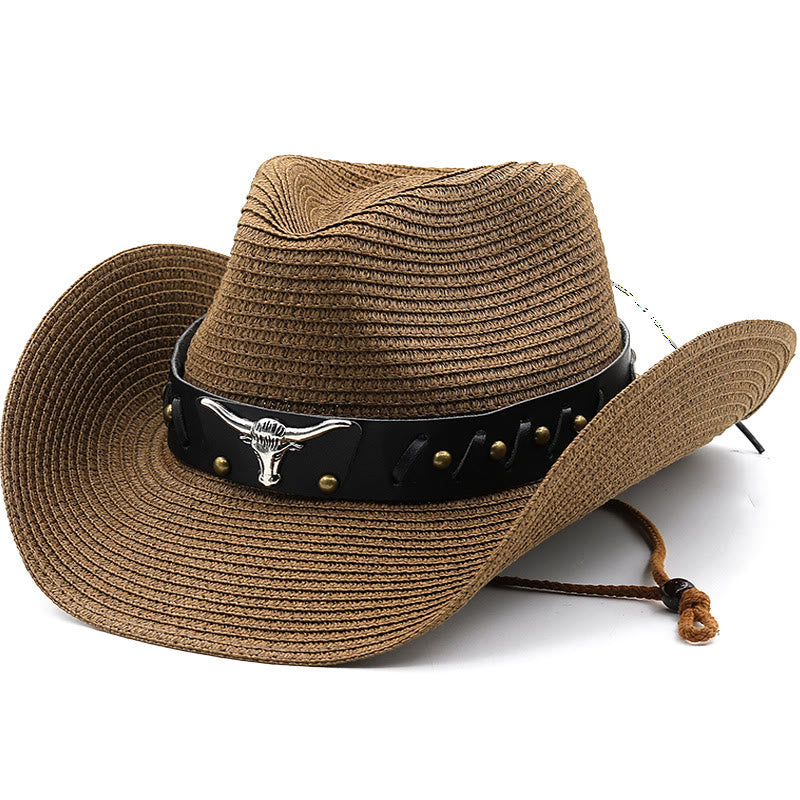 Western Silver Bull Head Black Brim Belt Men's Straw Hat - Coffee - M (22"-22 7/8") - image 0