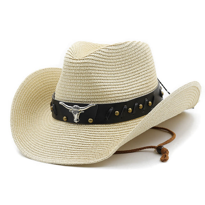 Western Silver Bull Head Black Brim Belt Men's Straw Hat - Beige - M (22"-22 7/8") - image 6