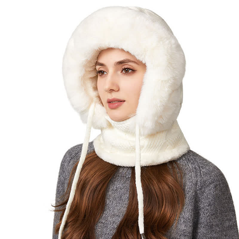 3 In 1 Plush Twill Weave Knitted Beanie Hat With Scarf And Mask - Ivory - M (22"-22 7/8") - image 6