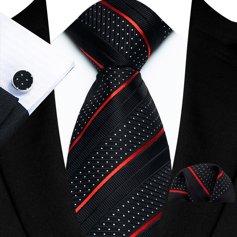 3Pcs Men's Black Red Stripe White Dot Necktie Set - Black - image 0