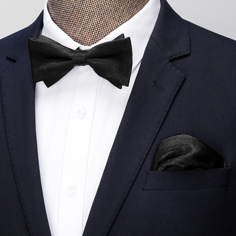 2Pcs Men's Solid Color Pocket Square Bow Tie - Style #2 - Black - image 15